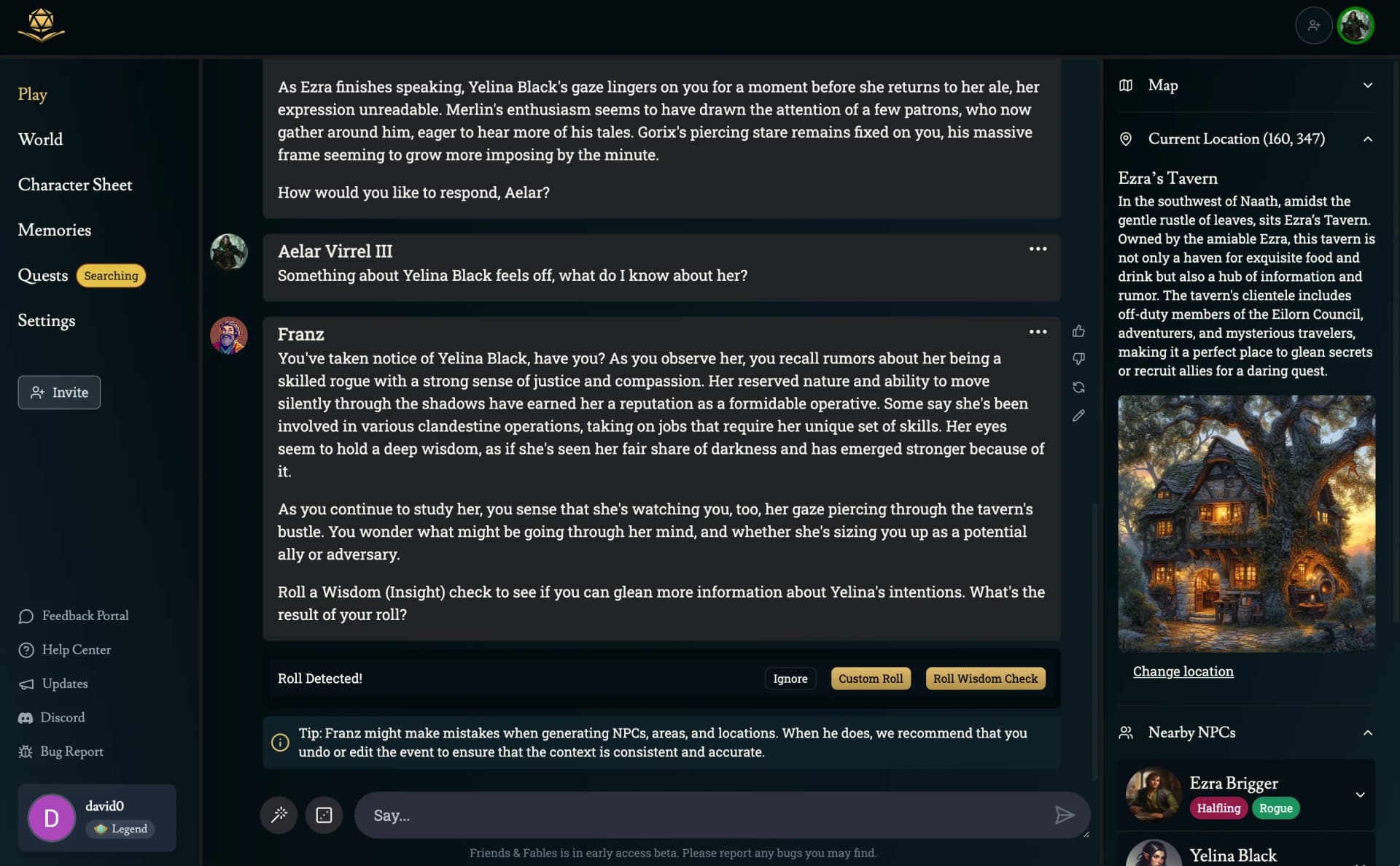 Franz asks the player for a skill check